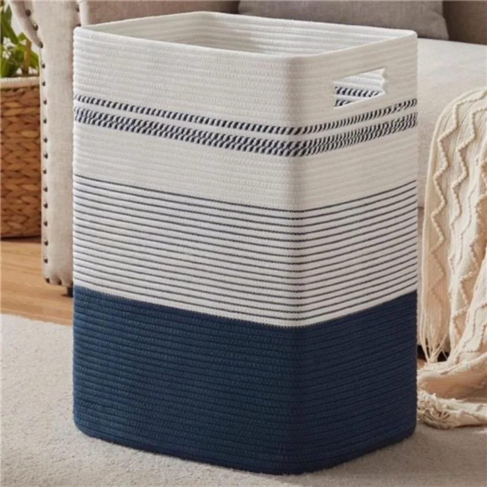 Large Woven Rope Tall Laundry Basket with Handles Dark Blue& White